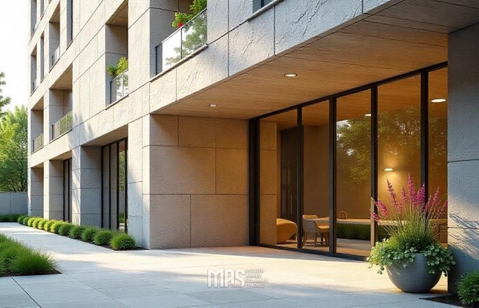 a modern building facade clad in natural stone emphasizing its integration with contemporary architecture